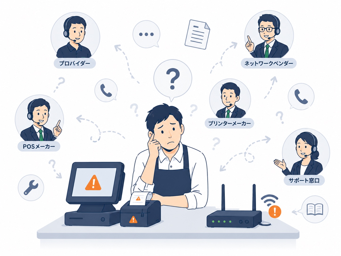 店舗ITトラブルで誰に聞いたらいいかわからず困っている様子